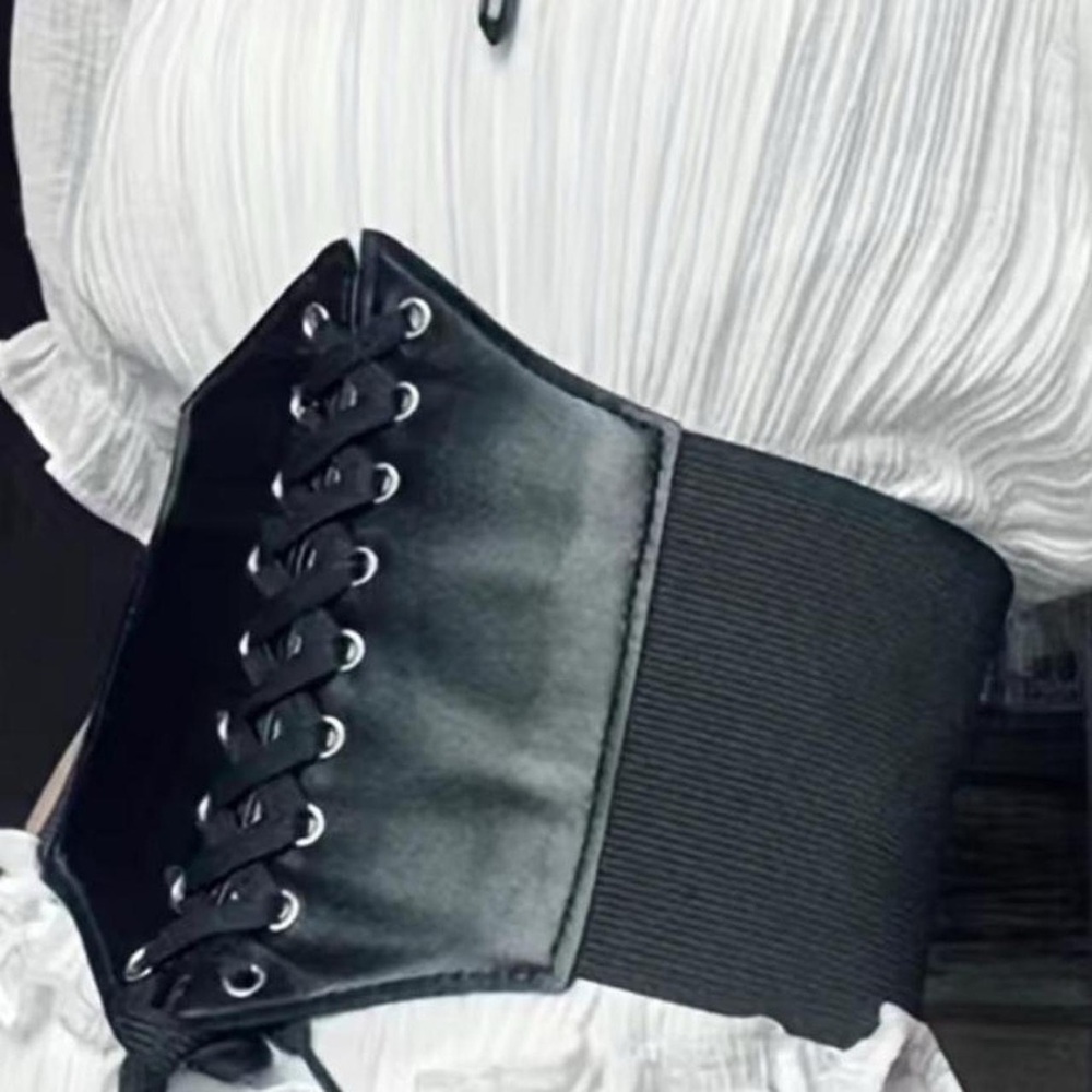 Plus Size Black Vintage Style Lace Up Faux‎ Leather Elastic Back Closure Waist